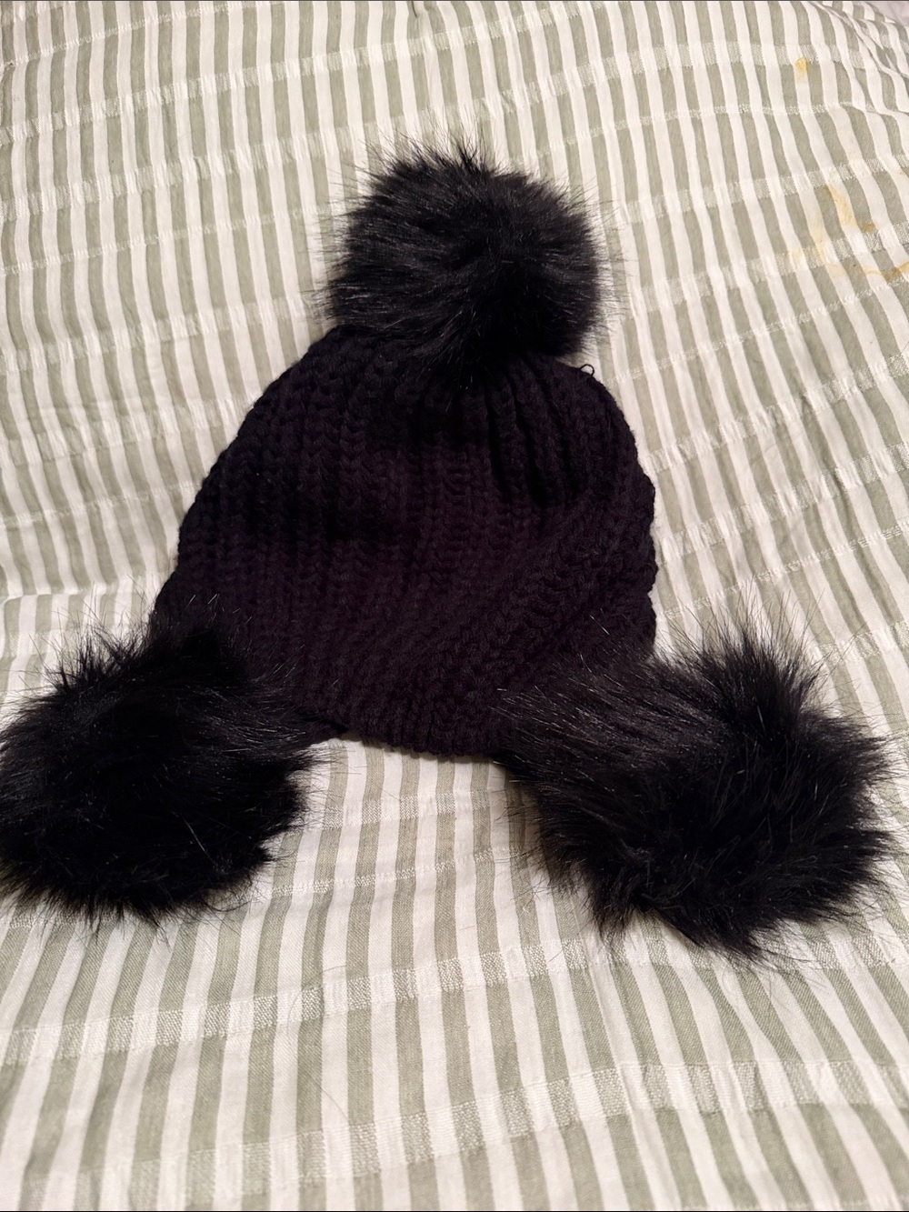 Black Knit Pom Pom Earflap Hat